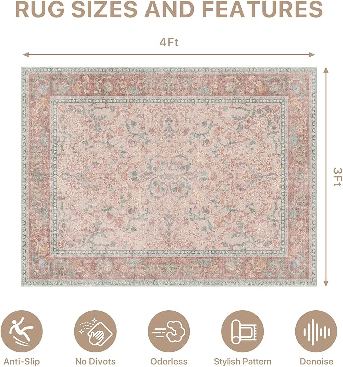 36"x48" Office Chair Mat for Hardwood Tile Floor, Under Desk Carpet Protector for Rolling Computer Chair Mat, Machine Washable Area Rug, Anti-Slip 1/5" Thick Low Pile Thin Vinyl Floor Mat, Pink