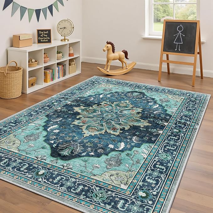RELEANY Area Rugs 4'x6' Washable Non-Slip, Floral Vintage Distress Medallion Carpet for Living Room Bedroom Dining Room, Teal Green Lake Blue Turquoise