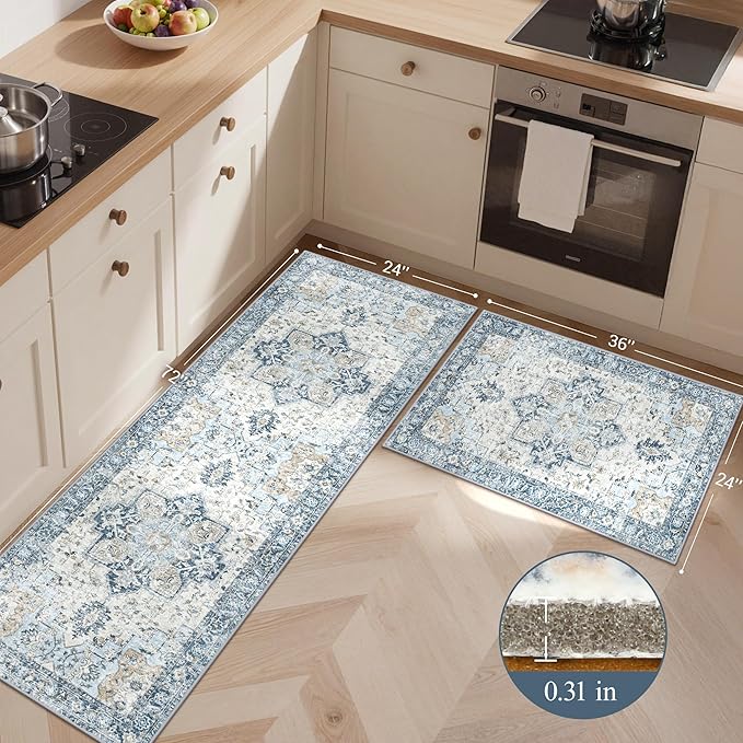 GENIMO Kitchen Rugs Non Slip Washable, 2PCS Kitchen Mats for Floor, Cushioned Standing Mat, Kitchen Runner Rug Floor Mat for Kitchen Decor, Laundry, Sink, Entryway, Home, 24"x36"+24"x72", Blue