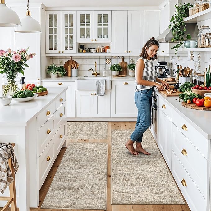 Kitchen Rugs Sets of 3,Washable Non-Slip Kitchen Mats for Hardwood Floor, Boho Farmhouse Kitchen Runner Rug for Sink,Entryway & Hallway & Bathroom (Beige Brown, 2x3+2x4+2x5)