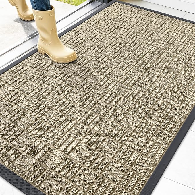 OLANLY Front Door Mat Outside Entrance 47x32, Absorbent, Heavy Duty Sturdy Natural Rubber Doormat Indoor Outdoor, Stain and Fade Resistant, Non-Slip Backing Low Profile Floor Mat for Entryway, Beige
