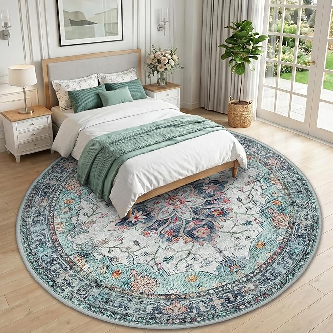 RELEANY Area Rugs Round 10ft Washable Non-Slip, Floral Vintage Distress Medallion Carpet for Living Room Bedroom Dining Room, Green Navy Blue White Red Teal