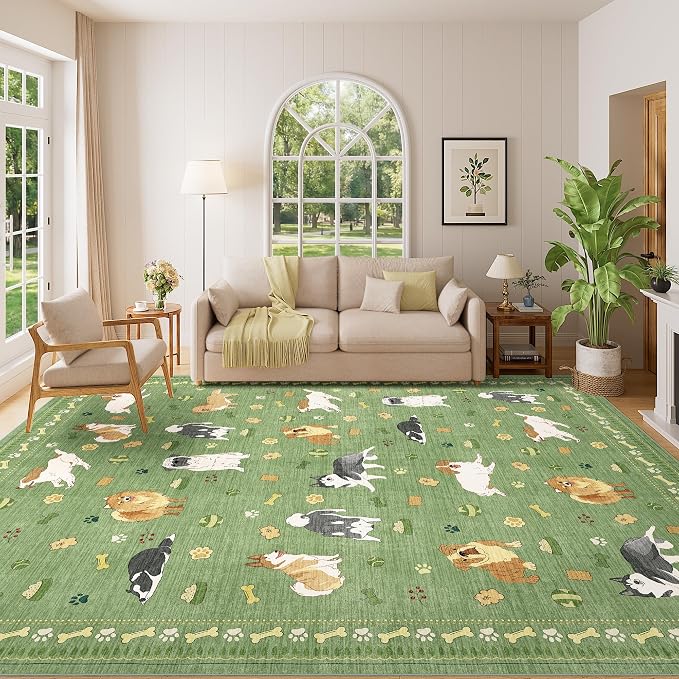 DUKINO 8x10 Area Rug, Non Slip Washable Animal Dog Rug for Living Room, Stain Resistant & Low Pile Indoor Floor Large Carpet for Bedroom, Farmhouse, Nursery, Dining Room, Kids Playroom, Green