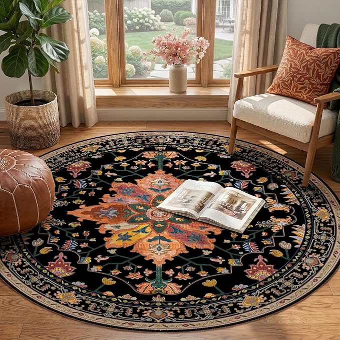 RELEANY Area Rugs Round 4ft Washable Non-Slip, Floral Vintage Distress Medallion Carpet for Living Room Bedroom Dining Room, Black Colorful Floral Dark Tan