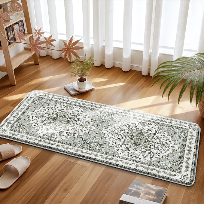 Boho Kitchen Mats for Floor 2 Piece Set Anti Fatigue Cushioned PVC Kitchen Rugs Non Slip Waterproof Farmhouse Mats 2/5 Inch Comfort Standing Mat for Laundry, 17.3"x59"+17.3"x28", Green-Tinted Grey
