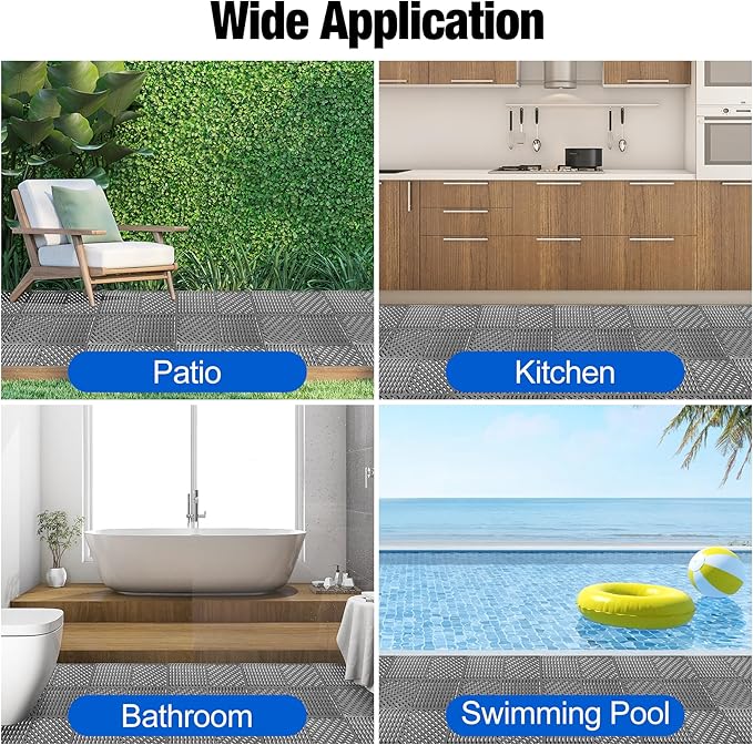 ToLanbbt Modular Interlocking Cushion 12P 11.8" x 11.8" Interlocking Rubber Floor Drain Holes Non-Slip Splicing Drainage Mats for Deck, Shower, Kitchen, Drain Pool, Sauna Bath (Dark Grey, Diagonal)