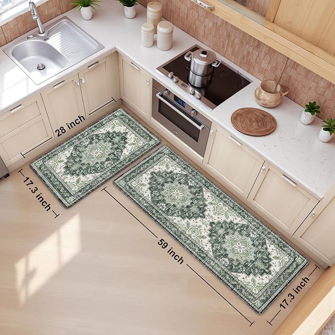 Boho Kitchen Mats for Floor 2 Piece Set Anti Fatigue Cushioned PVC Kitchen Rugs Non Slip Waterproof Farmhouse Mats 2/5 Inch Comfort Standing Mat for Sink, Laundry, Office, 17.3"x59"+17.3"x28", Green