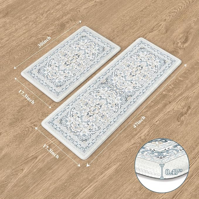 KIMODE Kitchen Floor Mats Cushioned Anti Fatigue,Boho Vintage Floral Rugs Sets of 2,Ergonomic Memory Foam Carpet Non Slip, Comfort Runner for Sink Laundry Office,Light Blue 17"x29.5"+17" x47”