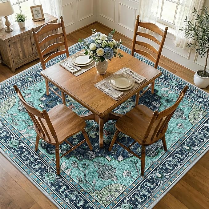 RELEANY Area Rugs Square 7ft Washable Non-Slip, Floral Vintage Distress Medallion Carpet for Living Room Bedroom Dining Room, Teal Green Lake Blue Turquoise