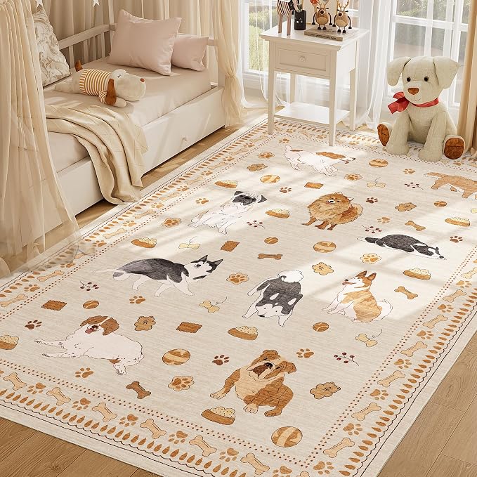 DUKINO 5x7 Rug for Living Room, Lightweight Animal Dog Print Washable Area Rug, Non Slip & Low Pile Floor Mat, Stain Resistant Carpet for Bedroom, Nursery, Dining Room, Kids Playroom, Beige Yellow