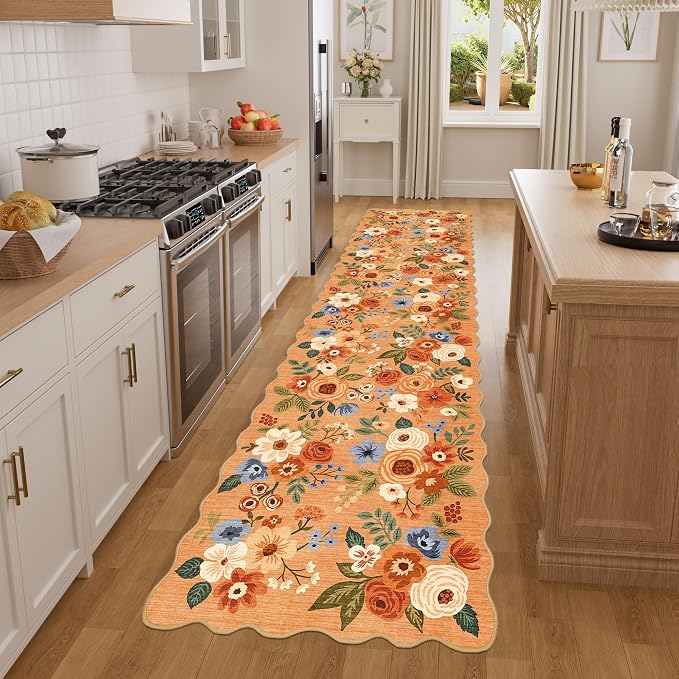 DUKINO 2x8 Washable Runner Rug, Lightweight Soft Floral Hallway Rug Runner with Low Pile Design, Non Shedding & Non Slip Backing Thin Indoor Carpet for Bedroom, Bathroom, Entrance, Kitchen, Orange