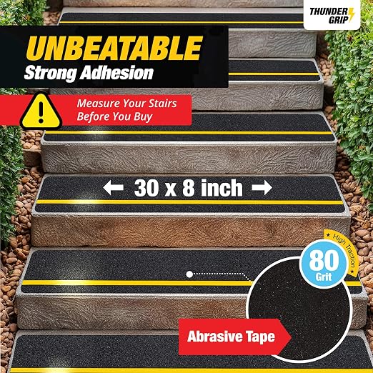 Reflective Grip Tape for Stairs 30" x 8" - 12-Pack Outdoor Stair Treads Non-Slip Weather Resistant - Anti Slip Tape for Exterior Wooden Steps - Waterproof 80-Grit Adhesive Treads by Thunder Grip