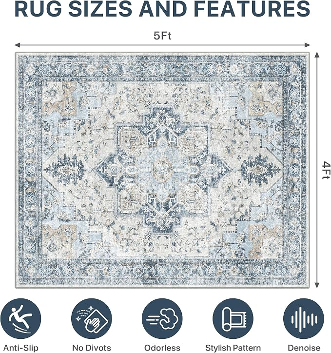 48"x60" Office Chair Mat for Hardwood Tile Floor, Under Desk Carpet Protector for Rolling Computer Chair Mat, Machine Washable Area Rug, Anti-Slip 1/5" Thick Low Pile Thin Vinyl Floor Mat, Blue