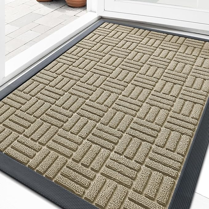 OLANLY Front Door Mat Outside Entrance 29.5x17, Absorbent, Heavy Duty Sturdy Natural Rubber Doormat Indoor Outdoor, Stain and Fade Resistant, Non-Slip Backing Low Profile Floor Mat for Entryway, Beige