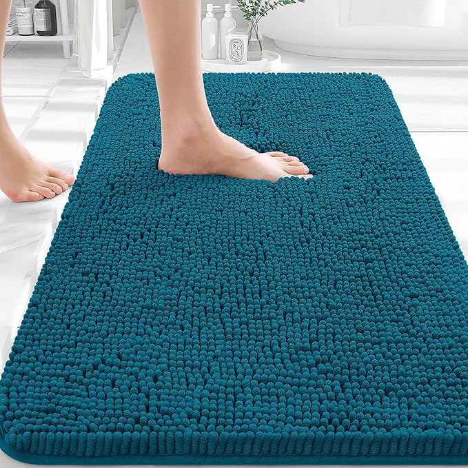 OLANLY Bathroom Rugs 30x20, Extra Soft Absorbent Chenille Bath Rugs, Rubber Backing Quick Dry, Machine Washable Bath Mats for Bathroom Floor, Tub and Shower, Home Decor Accessories, Peacock Blue
