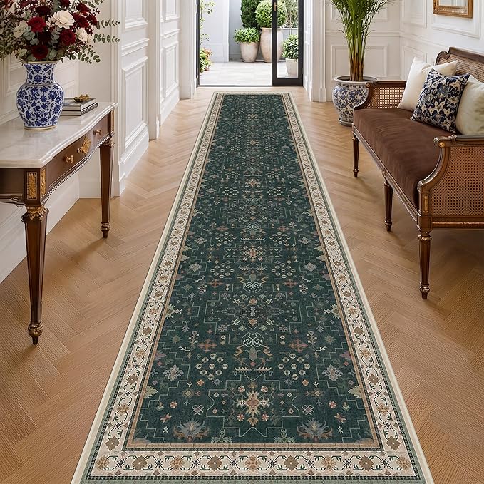 Hazo Haus Washable Dark Green Hallway Runner Rug 16 ft Long - 3x16 Modern Vintage Boho Long Wide Runner Rugs for Kitchen, Non-Slip Stain Resistant Low Pile Throw Rug Indoor Door Mat