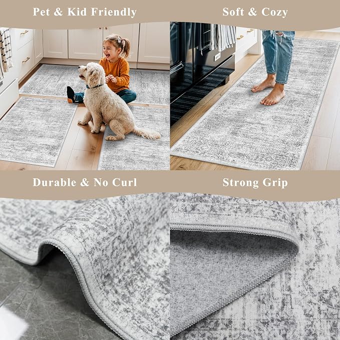 Washable Non-Slip 3 Piece Kitchen Rugs Set – Modern Boho Low-Pile Area Rugs and Runner for Entryway Bathroom Hallway – Decorative Small Indoor Rugs (Grey Ivory, 2x3+2x4+2x5)