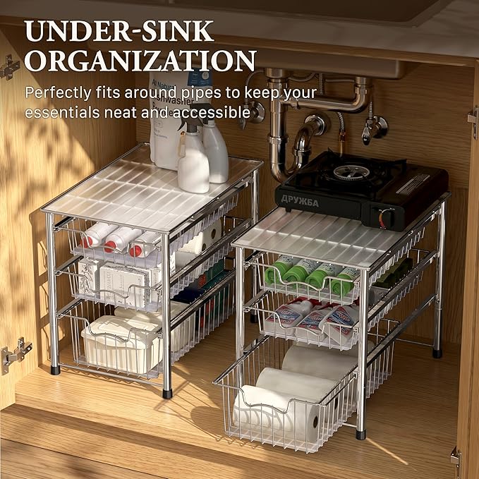 Simple Houseware Stackable 3 Tier Sliding Basket Organizer Drawer, Chrome