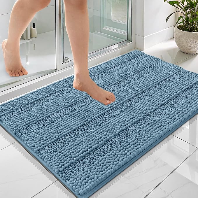 OLANLY Thick Bathroom Rugs 36x24, Extra Soft Absorbent Chenille Striped Bath Rugs, Rubber Backing, Machine Wash Dry, Bath Mats for Bathroom Floor, Tub and Shower, Home Decor Accessories, Airy Blue