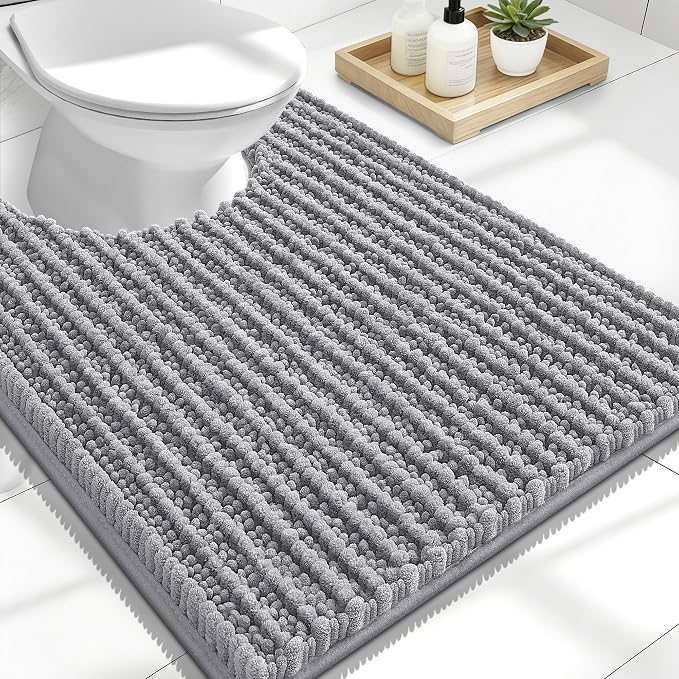 OLANLY Toilet Rugs U Shaped 24x20, Thick Soft and Absorbent Chenille Contour Bath Mat, Non-Slip Rubber Backing, Machine Washable Quick Dry Toilet Mat, Home Decor Accessories, Grey