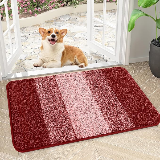 Kitinjoy Indoor Outdoor Door Mat, 30x17 Non-Slip Absorbent Dirt Trapper, Low-Profile Washable Inside Entrance Front Floor Mat, Sturdy Soft Entry Doormats for Entryway, Burgundy