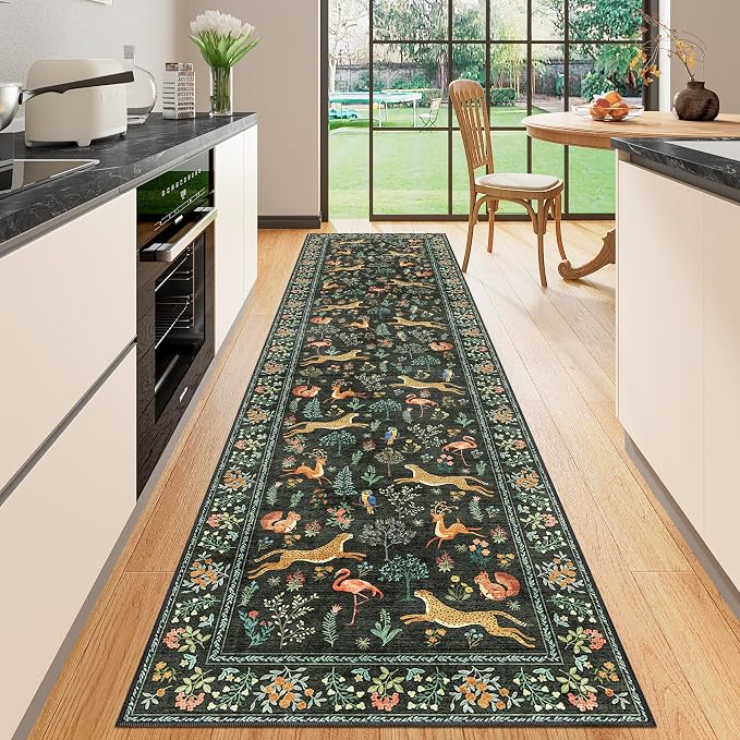 DUKINO Washable 2.6x10 Runner Rug, Non Slip Animal Print Runner Rug for Hallway, Vintage Low Pile & Stain Resistant Soft Indoor Carpet Runner for Kitchen, Bathroom, Laundry, Bedroom, Black