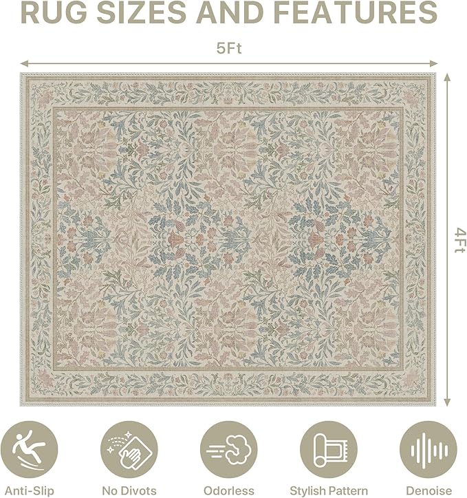 48"x60" Office Chair Mat for Hardwood Tile Floor, Under Desk Carpet Protector for Rolling Computer Chair Mat, Machine Washable Area Rug, Anti-Slip 1/5" Thick Low Pile Thin Vinyl Floor Mat, Beige Pink