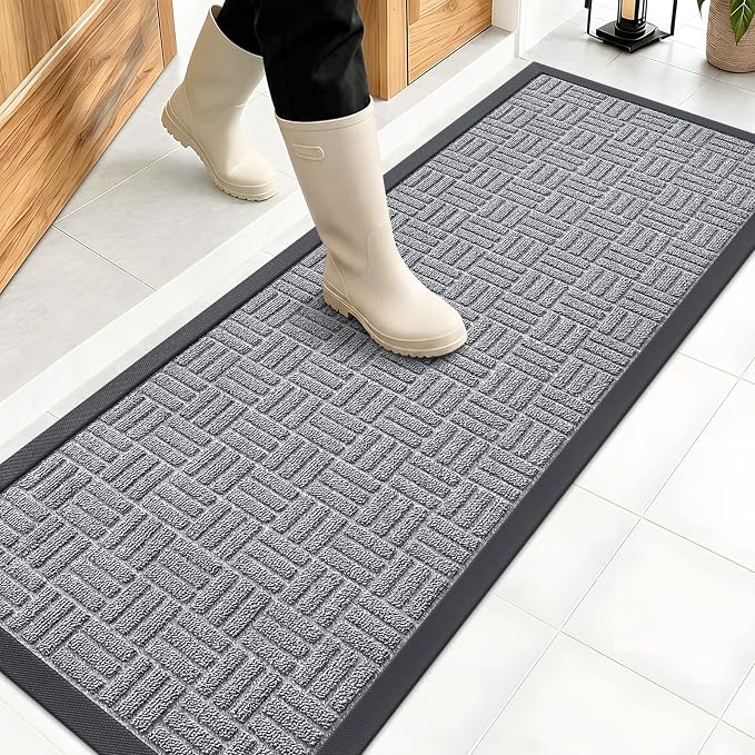 OLANLY Front Door Mat Outside Entrance 47x17, Absorbent, Heavy Duty Sturdy Natural Rubber Doormat Indoor Outdoor, Non-Slip, Stain and Fade Resistant, Low Profile Floor Mat for Entryway, Charcoal Gray