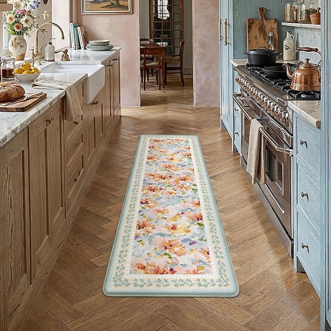 Anti Fatigue Kitchen Mats 2PCS Thick Non Slip Cushioned Rugs Blue Abstract Floral Waterproof Comfort Standing Mats for Floor Sink Laundry Office 17.3"×47"+17.3"×30"