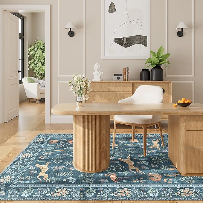 DUKINO 3x5 Rug, Washable Animal Area Rug with Non Slip Vintage Design, Indoor Soft Low Pile Carpet for Bedroom, Nursery, Dining Room, Farmhouse, Playroom, Blue