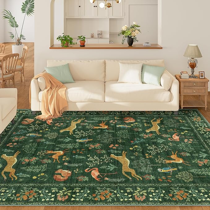 DUKINO 9x12 Rug, Washable Animal Living Room Rug with Non Slip Vintage Design, Soft Low Pile Large Carpet for Bedroom, Nursery, Dining Room, Farmhouse, Playroom, Green