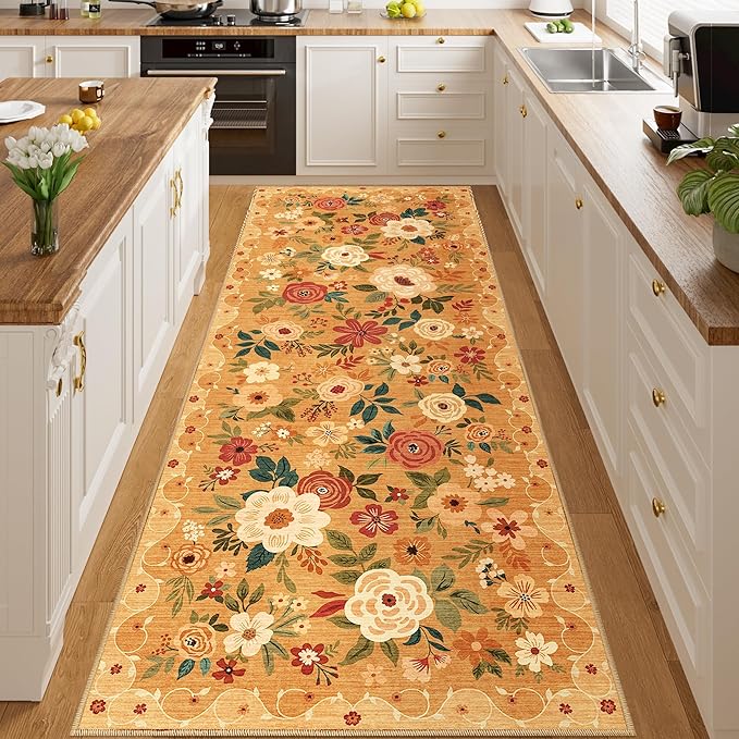 DUKINO 3x8 Runner Rug, Washable Rug for Kitchen with Non Slip Backing, Soft Non Shedding & Low Pile Design Long Floor Carpet Runner for Hallway, Bathroom, Entryway, Laundry, Orange