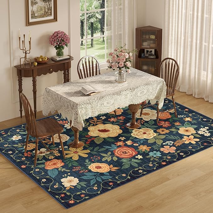 DUKINO 9x12 Area Rug, Floral Rugs for Living Room, Lightweight Non Slip Washable Rug, Indoor Low Pile & Non-Shedding Boho Design Rugs for Bedroom, Living Room, Dining Room, Dark Blue