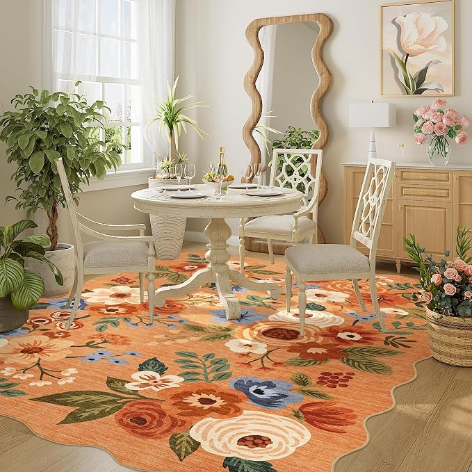 DUKINO 5x7 Area Rug, Floral Washable Rugs for Living Room with Non Slip Backing & Non-Shedding, Lightwight Low Pile Boho Design Large Carpets for Bedroom, Living Room, Dining Room, Orange