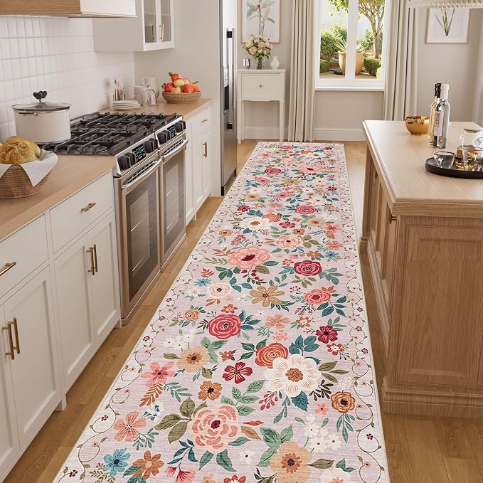 DUKINO 2.6x14 Kitchen Runner Rug, Lightweight Floral Washable Rug for Hallway, Boho Low Pile & Non Slip Backing Soft Floor Carpet for Entryway, Bedroom, Bathroom, Laundry, Beige