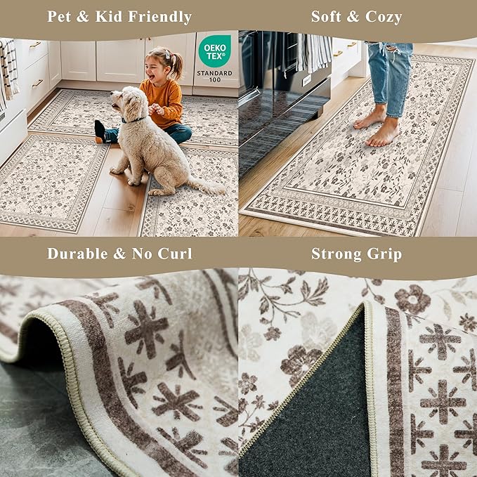3-Piece Kitchen Rugs Set for Floor, Washable Non-Slip Farmhouse Kitchen Mats for Hardwood Floor, Rustic Floral Boho Runner Rug for Sink,Entryway & Hallway & Bathroom (Beige/Brown/Floral,2x3-2x4-2x5)
