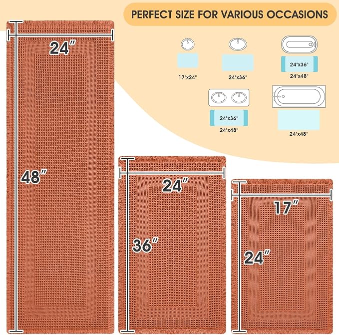 Upgrade Waffle Bath Mat Set 3 Piece, Boho Bathroom Rugs Absorbent Non Slip, Soft Bathroom Mats, Machine Washable Knit Bath Rugs with Tassels for Bathroom, Bedroom, Kitchen, Shower, Tub, Burnt Orange