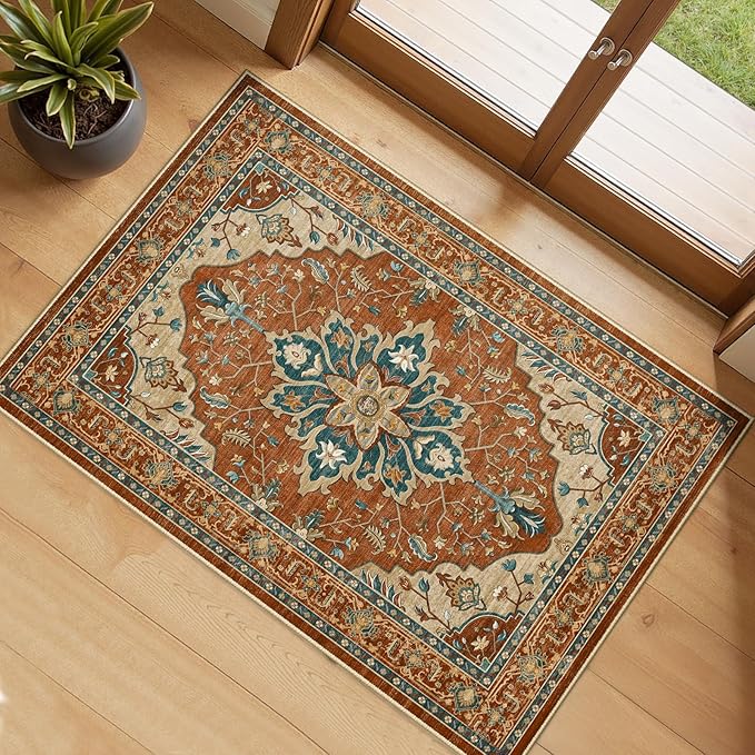 RELEANY Area Rugs Small 2'x3' Washable Non-Slip, Floral Vintage Distress Medallion Carpet for Kitchen Entryway Bathroom, Red Orange Blue Brown