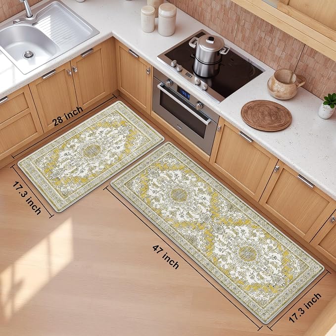 Boho Kitchen Mats for Floor 2 Piece Set Anti Fatigue Cushioned PVC Kitchen Rugs Non Slip Waterproof Farmhouse Mats 2/5 Inch Comfort Standing Mat for Sink, Laundry, 17.3"x47"+17.3"x28", Yellow