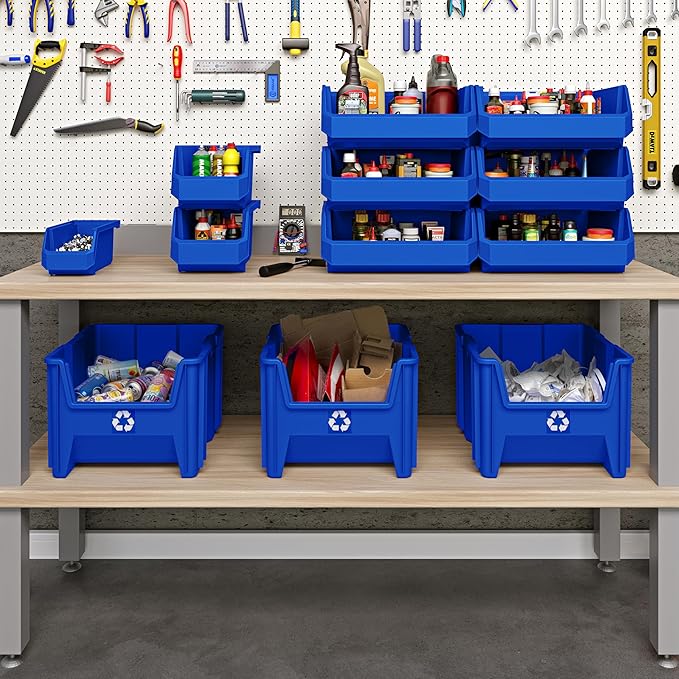 ReadySpace Plastic Containers for Organizing and Storage Bins for Closet, Kitchen, Office, Garage or Pantry Organization, Stackable Bins, Extra Large (14.8" x 16.5" x 7"), 4-Pack, Blue