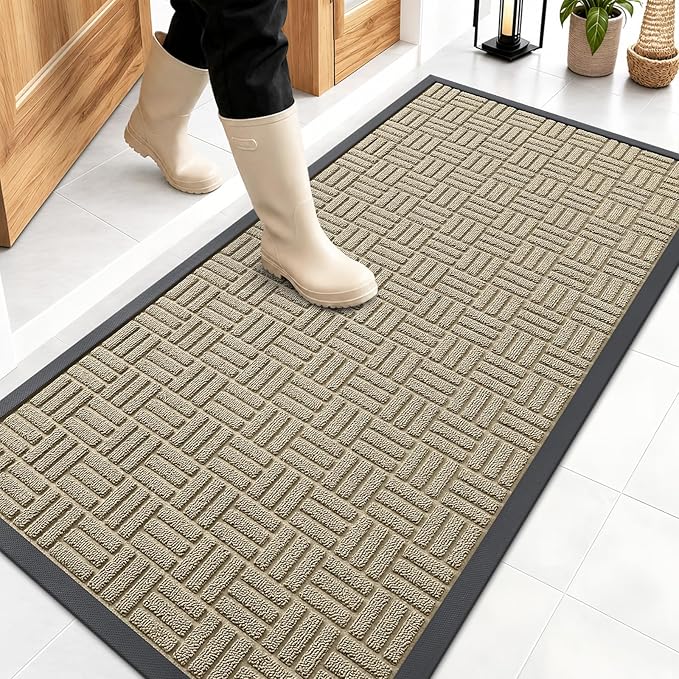 OLANLY Front Door Mat Outside Entrance 47x23, Absorbent, Heavy Duty Sturdy Natural Rubber Doormat Indoor Outdoor, Stain and Fade Resistant, Non-Slip Backing Low Profile Floor Mat for Entryway, Beige