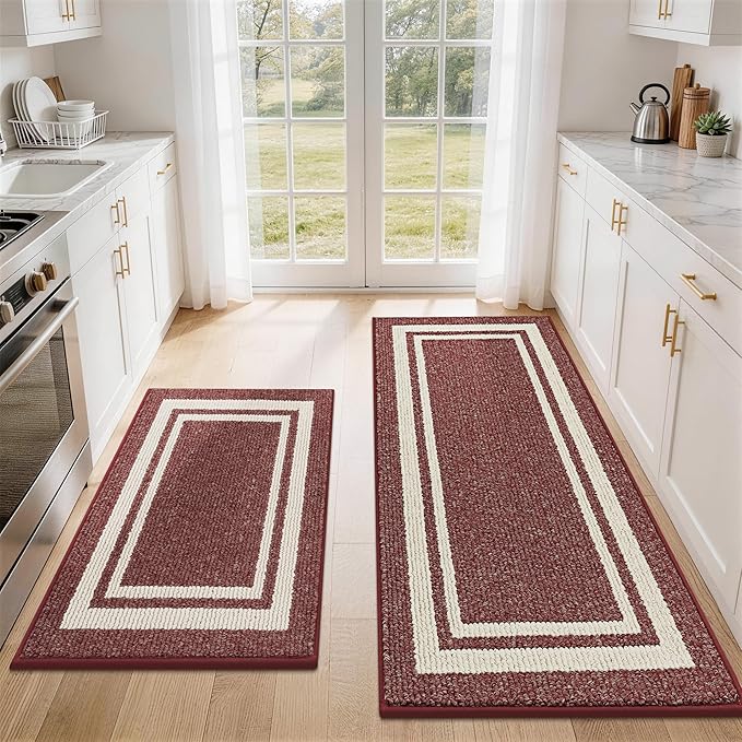 COSY HOMEER Kitchen Rugs Non-Slip 24x35/24x60 Inch Thick Polypropylene Standing Mat for Home Machine Washable, Red Frame