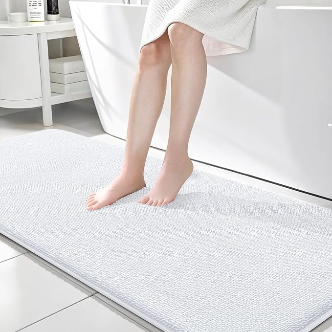 OLANLY Thick Memory Foam Bathroom Runner Rugs 70x24, Extra Soft Absorbent Long Bath Rug, Quick Dry Bath Mats, Non-Slip, Machine Washable Mat for Bathroom, Tub and Shower, Home Decor Accessories, White