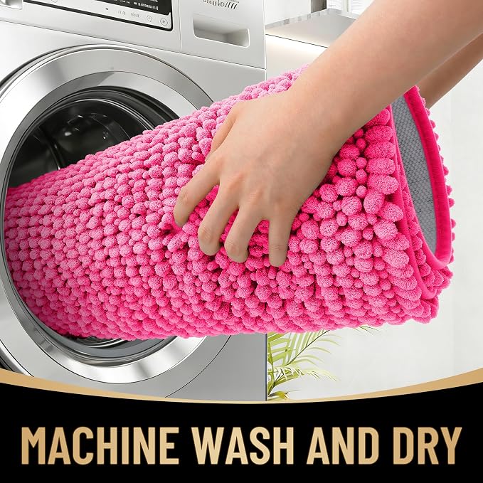 OLANLY Thick Bathroom Rugs 36x24, Extra Soft Absorbent Chenille Bath Rugs, Rubber Backing, Machine Wash Dry, Bath Mats for Bathroom Floor, Tub and Shower, Home Decor Accessories, Hot Pink