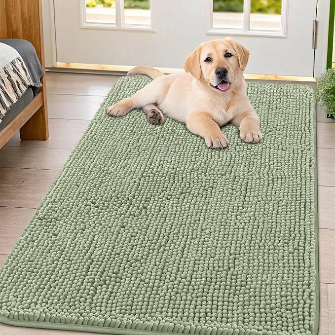 Smiry Dog Door Mat for Muddy Paws 47x32, Absorbent Dirt Trapper, Non-Slip Washable Chenille Entryway Rug for Inside Floor, Sage Green, Classic Solid