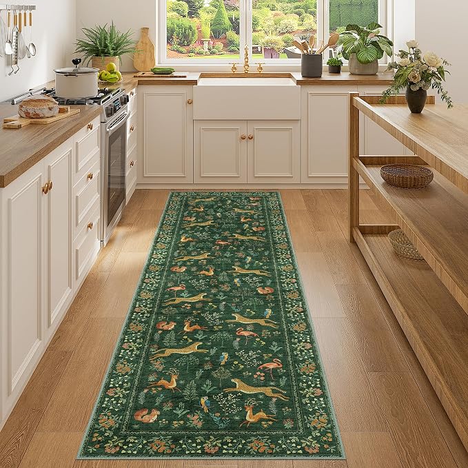 DUKINO Runner Rug, 2x7 Washable Kitchen Rugs for Hallways with Non Slip Backing, Soft Low Pile Vintage Animal Runner for Kitchen, Hallway, Entryway, Laundry, Bedroom, Green