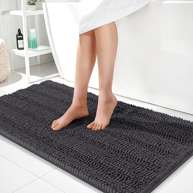 OLANLY Thick Bathroom Runner Rugs 44x24, Extra Absorbent Chenille Striped Bath Rugs, Rubber Backing, Machine Wash Dry, Long Bath Mats for Bathroom, Tub and Shower, Home Decor Accessories, Dark Grey