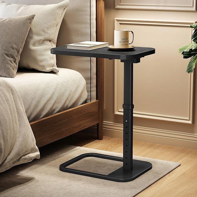 Kitstorack TV Tray Table, Adjustable Height & Rounded Metal Corners, Snack Table for Couch, Sofa, Bed, Chair, Living Room, C Shaped End Side Table for Eating, Dinner or Laptop, Small Spaces, Black