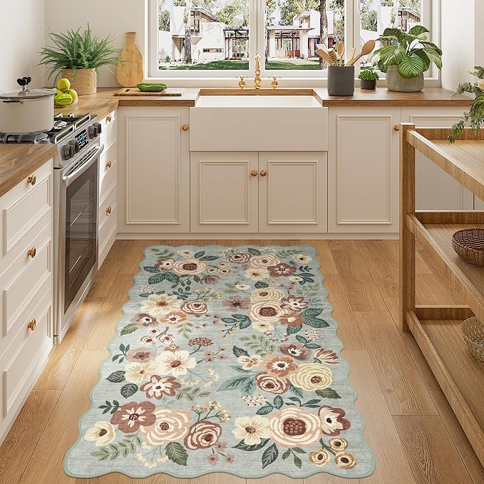 DUKINO 3x5 Area Rug, Floral Non-Slip Indoor Washable Rug with Low Pile & Non-Shedding, Lightwight Boho Design Carpet for Entryway, Bedroom, Kids Room, Living Room, Kitchen, Sage Green