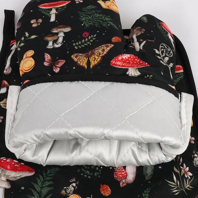 Mushroom Oven Mitts and Pot Holders Sets Cute Oven Gloves Heat Resistant 4 Pcs Funny Decorative Kitchen Hot Pads and Mitts for Baking Cooking Grilling